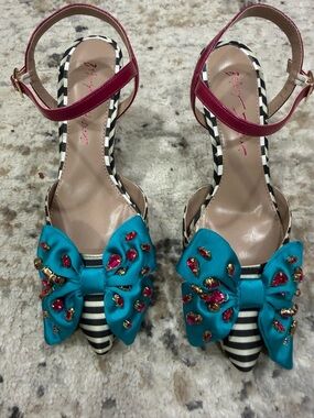Betsey Johnson Teal Bow Pointed Heels with Pink Ankle Straps